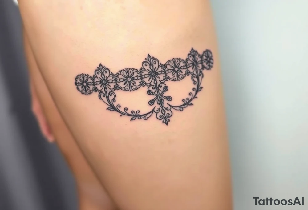 A negative space garter tattoo design, where the lace details are subtly left out tattoo idea