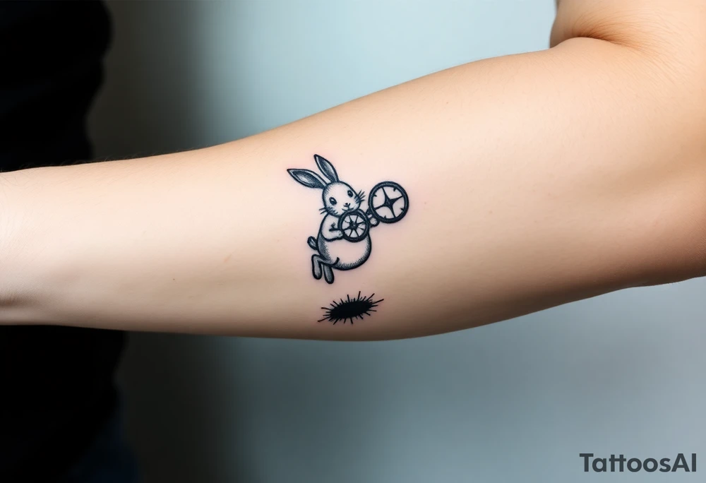 Rabbit with compass jumping down the rabbit hole. tattoo idea