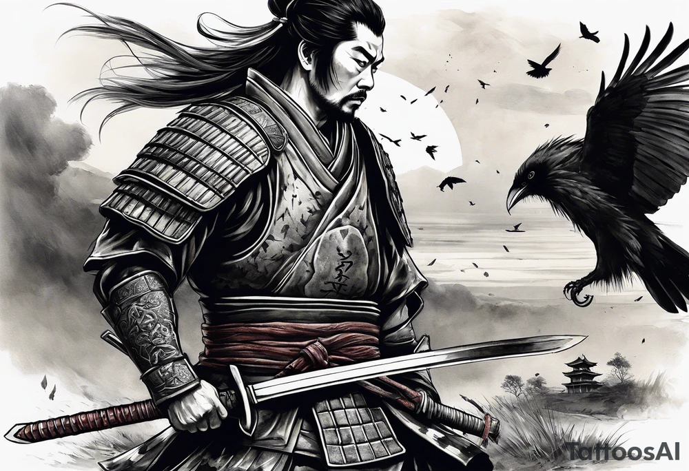 A tired samurai wounded from battle holding his helmet in one hand and in the other hand his sword with a mixture of blood and dirt, wearing his dirty armour he is steeping above some body's from the battle in open field and looking vaguely ylto the horizon while crows are flyting above him and the corpses tattoo idea