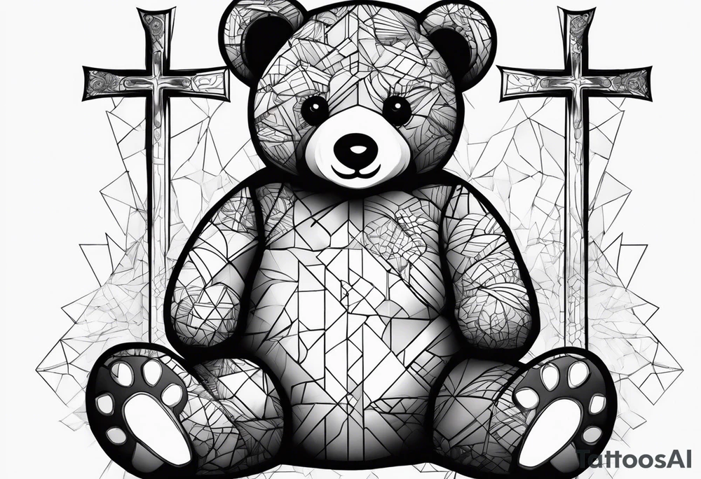 Teddy bear sitting against a cross tattoo idea