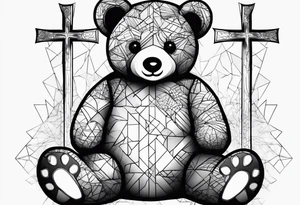 Teddy bear sitting against a cross tattoo idea