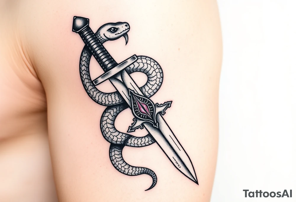 mystical snake coiled around an ancient dagger with jeweled hilt tattoo idea