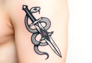 mystical snake coiled around an ancient dagger with jeweled hilt tattoo idea