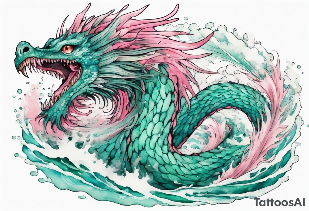 a turquoise and pink feathered sea serpent emerging from the stormy sea, with green eyes tattoo idea