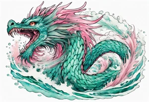 a turquoise and pink feathered sea serpent emerging from the stormy sea, with green eyes tattoo idea