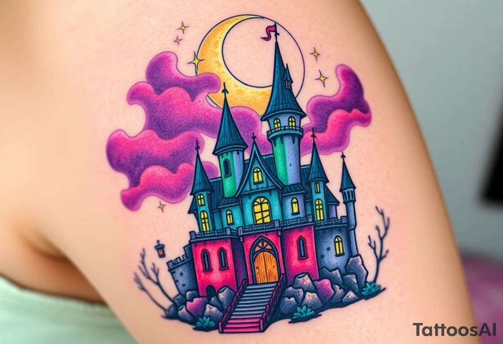 Tim Burton’s disney sleeping beauty’s haunted castle is abandoned and dripping with muted reds, dusty pinks, and eerie green glow.purple and cyan smokey clouds swirl in the crescent moonlit sky thats sprinkled with stars tattoo idea tattoo idea