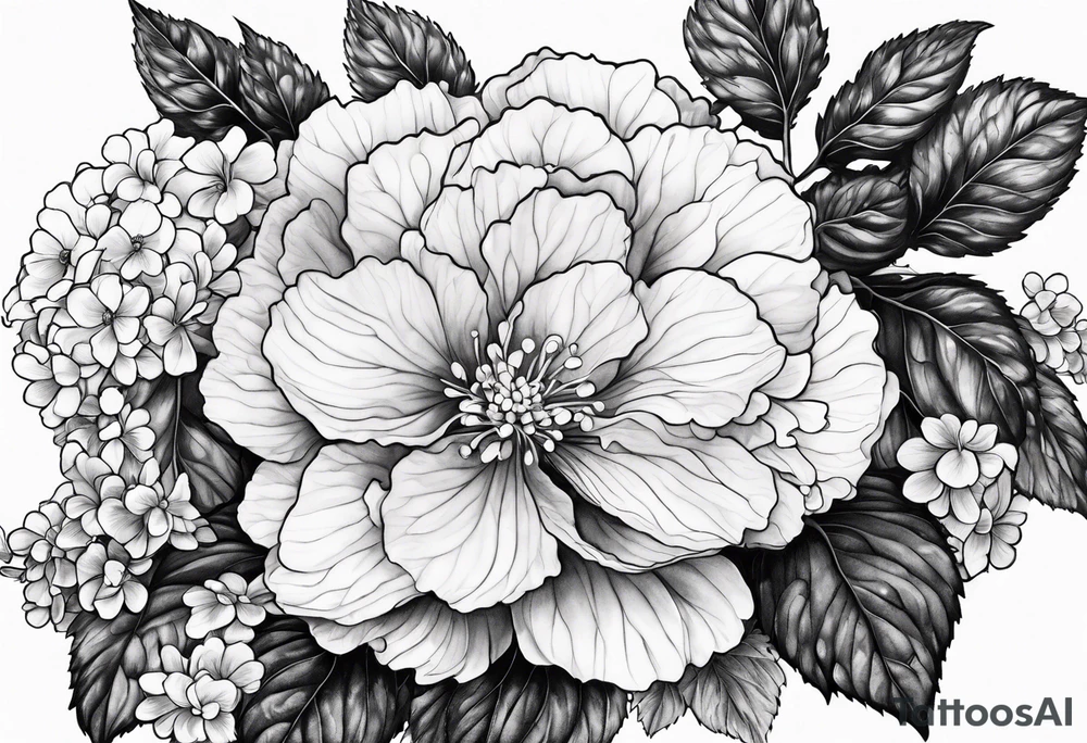 Begonia flower, hydrangeas, marigolds tattoo idea