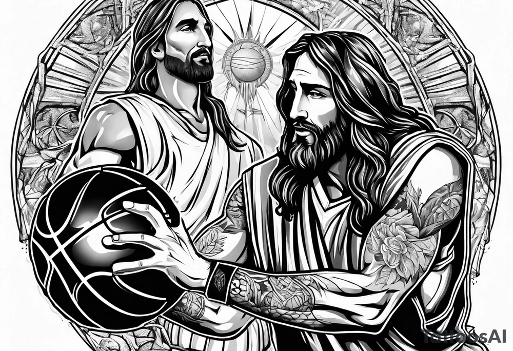 jesus christ playing basketball against messi tattoo idea
