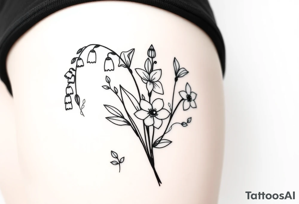 Simple small design in black bunch of flowers individual stems 1 lily of the valley 1 daffodil 1 December holly 1 larkspur tattoo idea