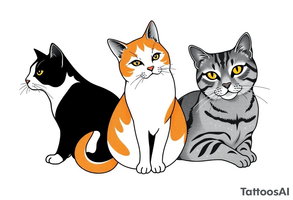 three cats, one black and white cat, one orange and white cat and one grey tabby cat tattoo idea