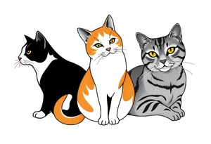 three cats, one black and white cat, one orange and white cat and one grey tabby cat tattoo idea