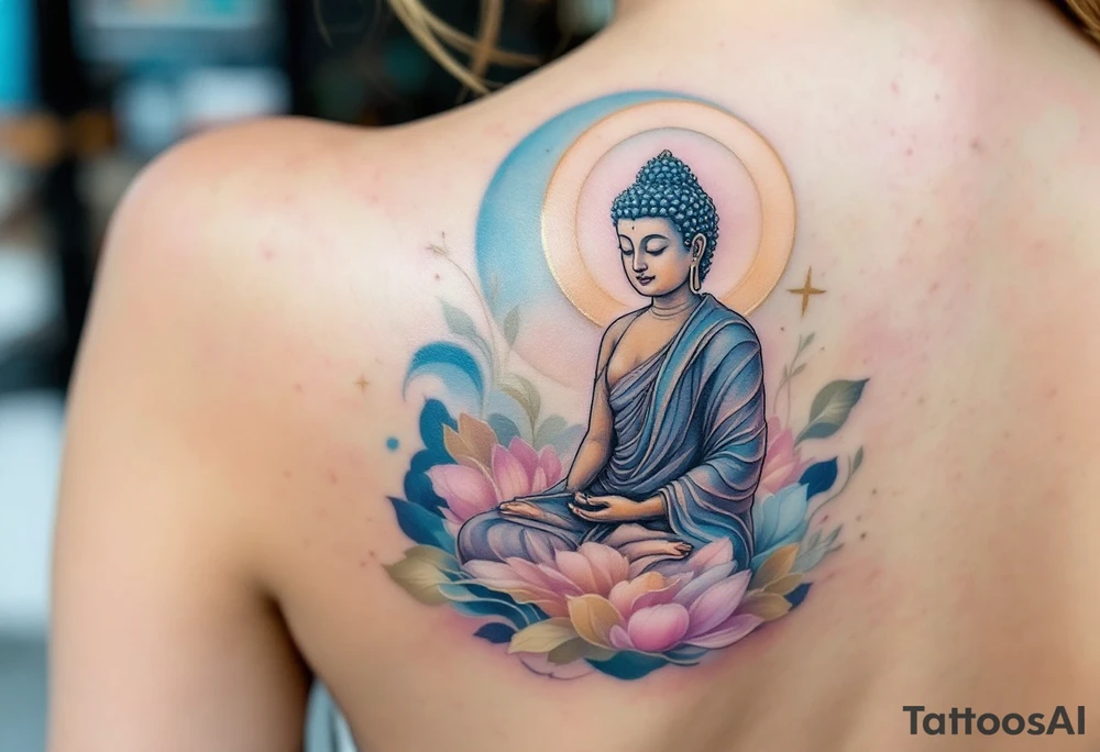 Sitting Buddha with halo in pastel blues and gold, embodying calmness and spiritual awakening. tattoo idea