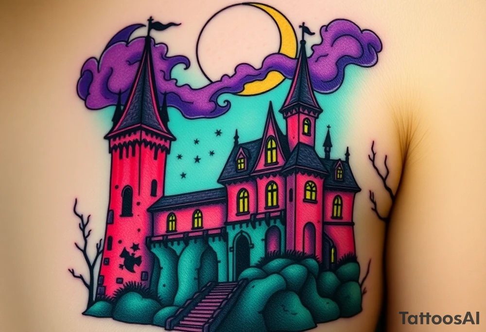 Tim Burton’s disney sleeping beauty’s haunted castle is abandoned and dripping with muted reds, dusty pinks, and eerie green glow.purple and cyan smokey clouds swirl in the crescent moonlit sky thats sprinkled with stars tattoo idea tattoo idea