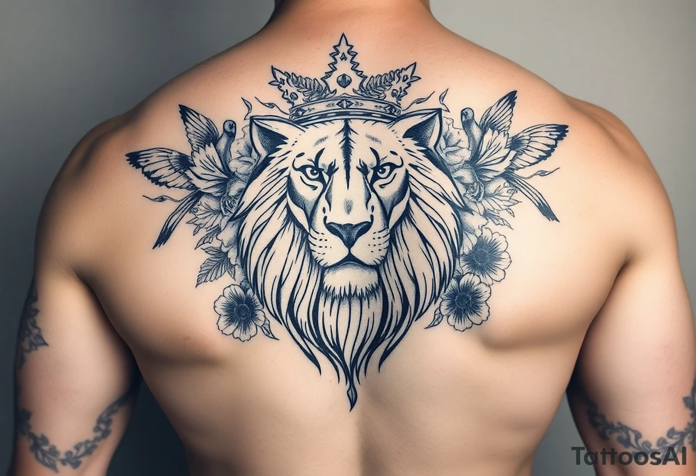 powerful majestic lion with a crown, surrounded by floral ornaments and birds tattoo idea