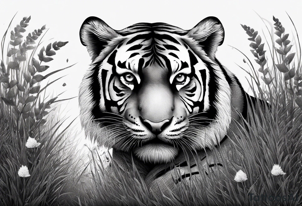 hungry tiger hiding in the grass tattoo idea