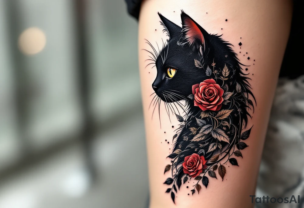Tattoo-Style Cat Silhouette – Traditional tattoo-style black cat with a red rose behind its ear and vintage elements in muted tones. tattoo idea