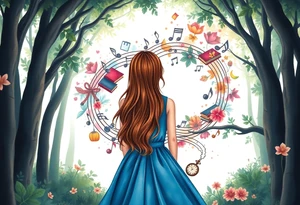 Back view of the silhouette of a brown hair girl in a blue dress inside a forest. She is following a colorful swirl of music notes, books, and flowers. A pocket watch is at the end of the swirl. tattoo idea