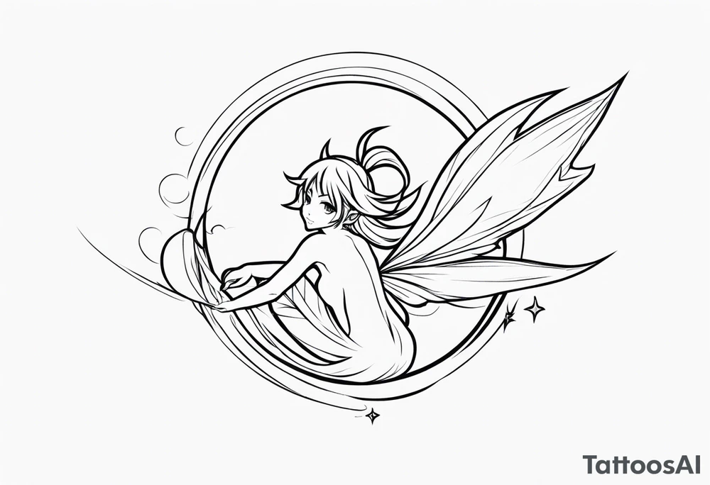 No color fairy with a tail inspired by the logo of the anime show called Fairy Tail in a fetal position leaning in and forward while in the air floating and sleeping tattoo idea