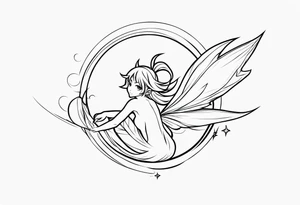 No color fairy with a tail inspired by the logo of the anime show called Fairy Tail in a fetal position leaning in and forward while in the air floating and sleeping tattoo idea