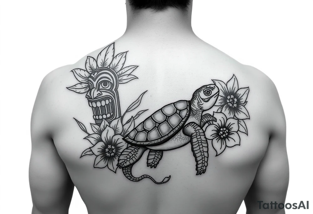 Tiki, flowers, waves, equine, turtle, #299 (Small), black, old school, upper arm tattoo idea