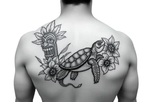 Tiki, flowers, waves, equine, turtle, #299 (Small), black, old school, upper arm tattoo idea