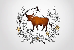 A simple Saggitarius zodiac symbol (the archer) is intertwined with a simple Taurus zodiac symbol (the bull) with delicate flowers. I want the 2 zodiacs to be line symbols, not images. tattoo idea