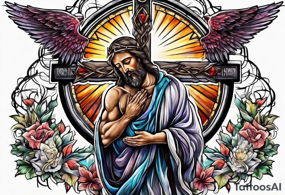 a man praying to the cross of Christ tattoo idea