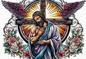 a man praying to the cross of Christ tattoo idea
