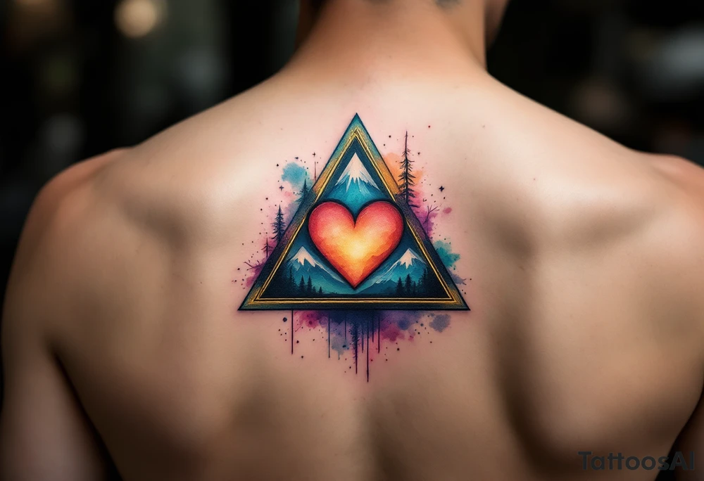 A triangle with a big heart in the cente with a mountain theme tattoo idea