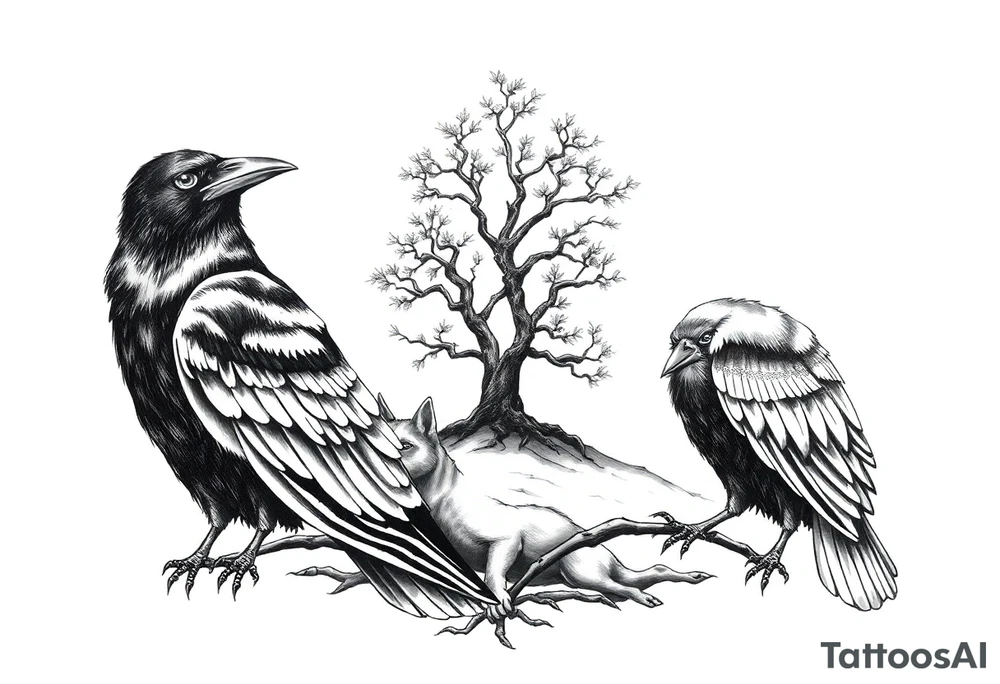 Irish non religious, 3 ravens, or dogs and tree incorporated tattoo idea