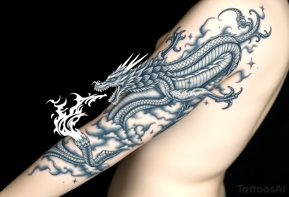fierce dragon breathing iridescent fire against stormy skies tattoo idea