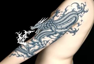 fierce dragon breathing iridescent fire against stormy skies tattoo idea