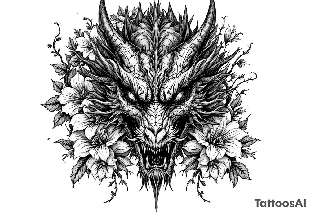 scary dragon face down with flowers tattoo idea