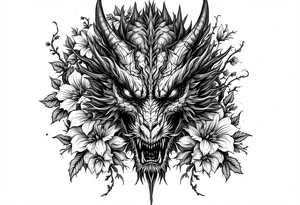 scary dragon face down with flowers tattoo idea