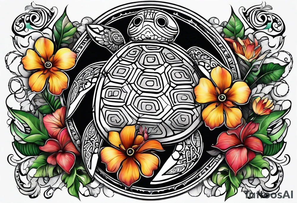 Full Sleeve and chest, Viking, Hawaiian, sea Turtle, flowers tattoo idea