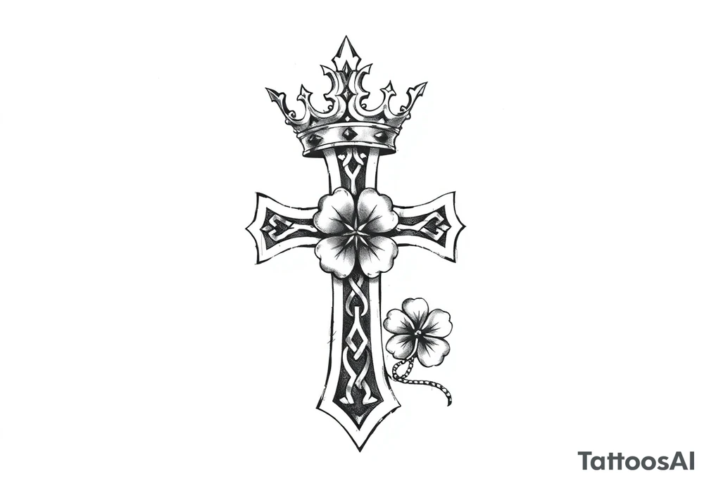 a celtic cross with a crown and a clover tattoo idea