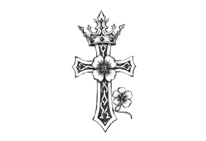 a celtic cross with a crown and a clover tattoo idea