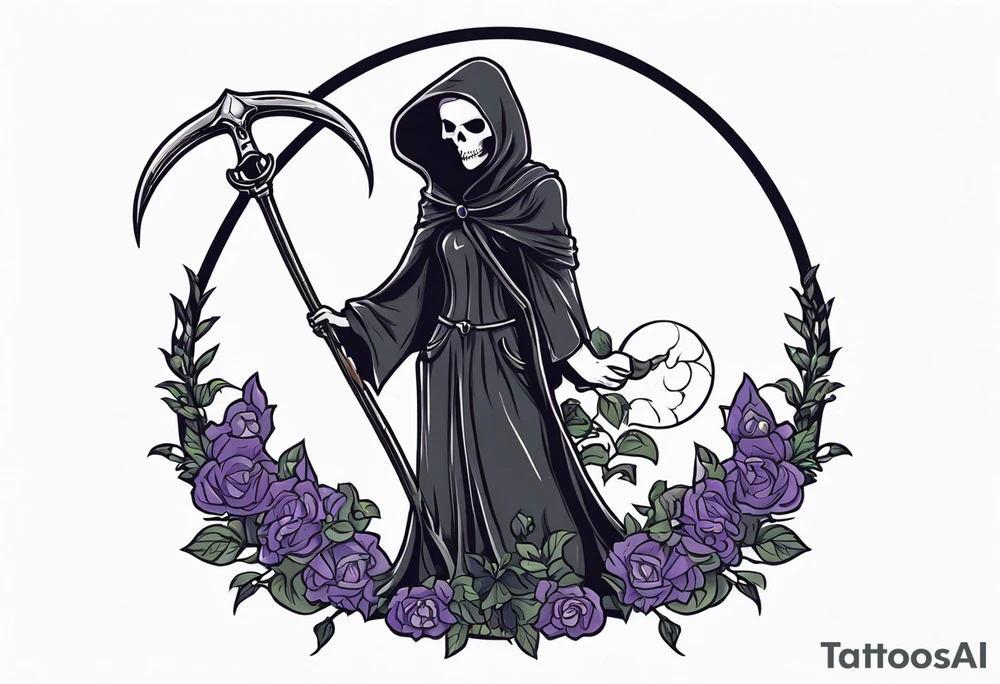 cute feminine grim reaper with scythe and nightshade tattoo idea
