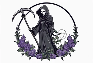 cute feminine grim reaper with scythe and nightshade tattoo idea