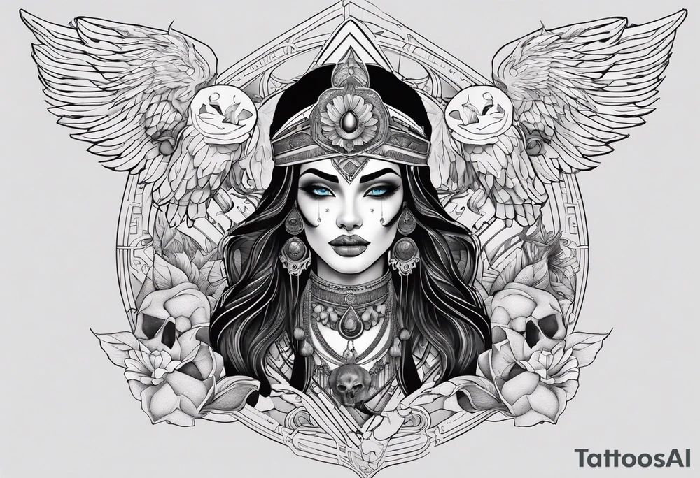 kali ma, alien goddess, valkrye, pirate, divine feminine, zenza resonance, pachamama, lotus azul, blank panther, eagle, skull, 5D, nueva gaya, dna 12 tattoo idea
