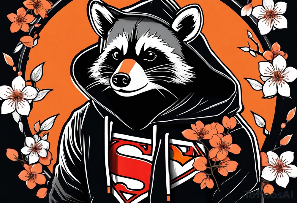 Raccoon wearing a white Superman logo on a black hoodie and orange Japanese cherry blossoms beside tattoo idea