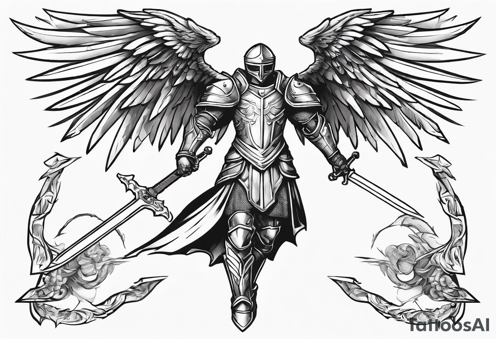 A winged angel wearing armor that is in mid-air with his two-handed sword about to attack in isometric view. tattoo idea