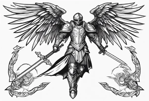 A winged angel wearing armor that is in mid-air with his two-handed sword about to attack in isometric view. tattoo idea