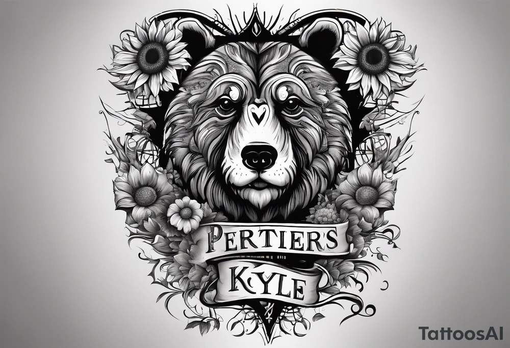 A cross with my family’s names on it names are Peter Lori Kyle and around Peter’s name put a motercycle and a bear around loris name put a sunflower and a heart and around Kyle’s name put a baseball and electricity tattoo idea