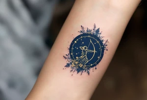 A celestial archer silhouette filled with a golden Sagittarius constellation on a background of deep navy blue. tattoo idea