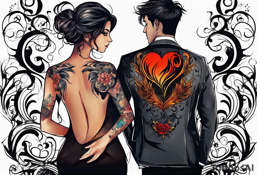 In thiele sfumato. A girl with an empty heart and a guy with a burning heart. They stand back to back tattoo idea