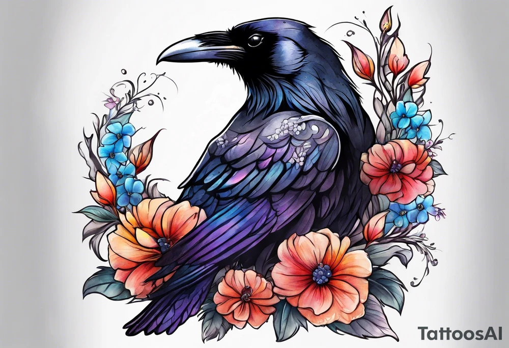 Raven with flowers gothic tattoo idea