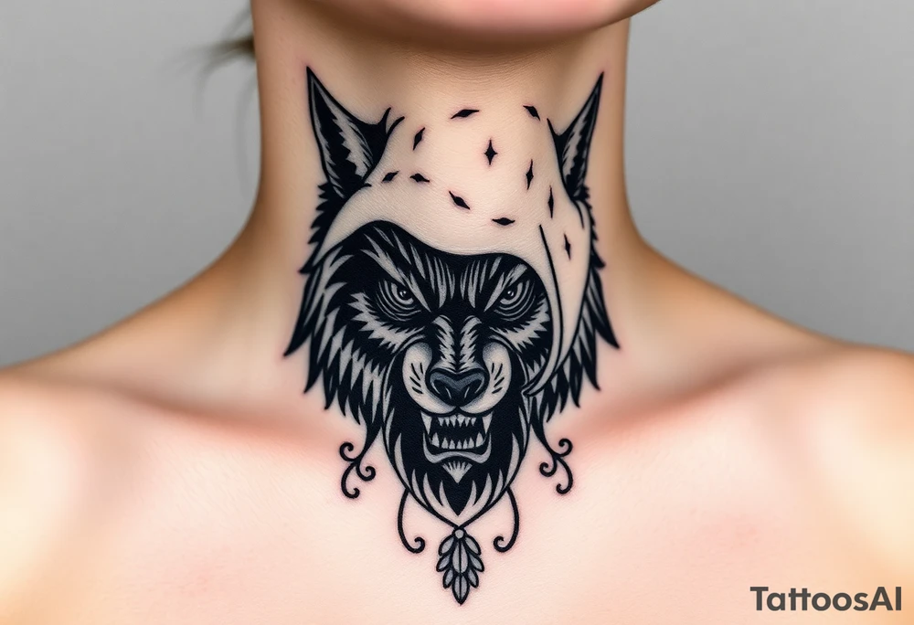 Big bad wolf nursery rhyme wearing a sheep costume with sheep head hood to kill and eat the three little pigs and little red riding hood tattoo idea