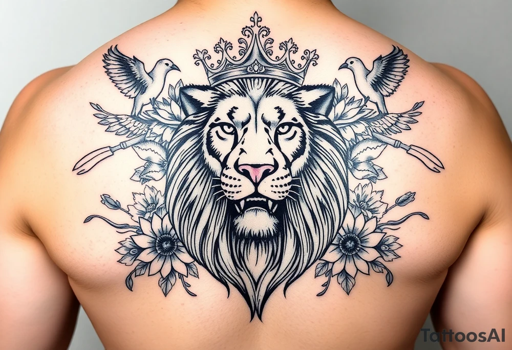 powerful majestic lion with a crown, surrounded by floral ornaments and birds tattoo idea