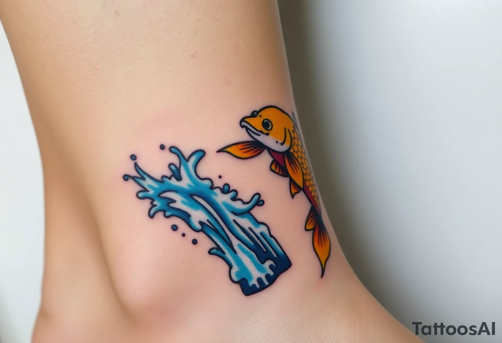 A powerful golden koi fish leaping up a waterfall, symbolizing perseverance and ambition, with vibrant blue water splashes. tattoo idea